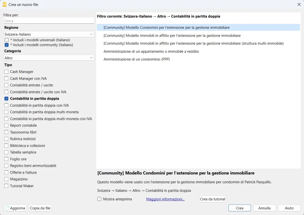 Finestra dei modelli dei piani dei conti della Community su Banana Contabilità Plus.